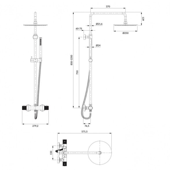 Antracito spalvos termostatinė dušo sistema Omnires Contour CT8044AT 2