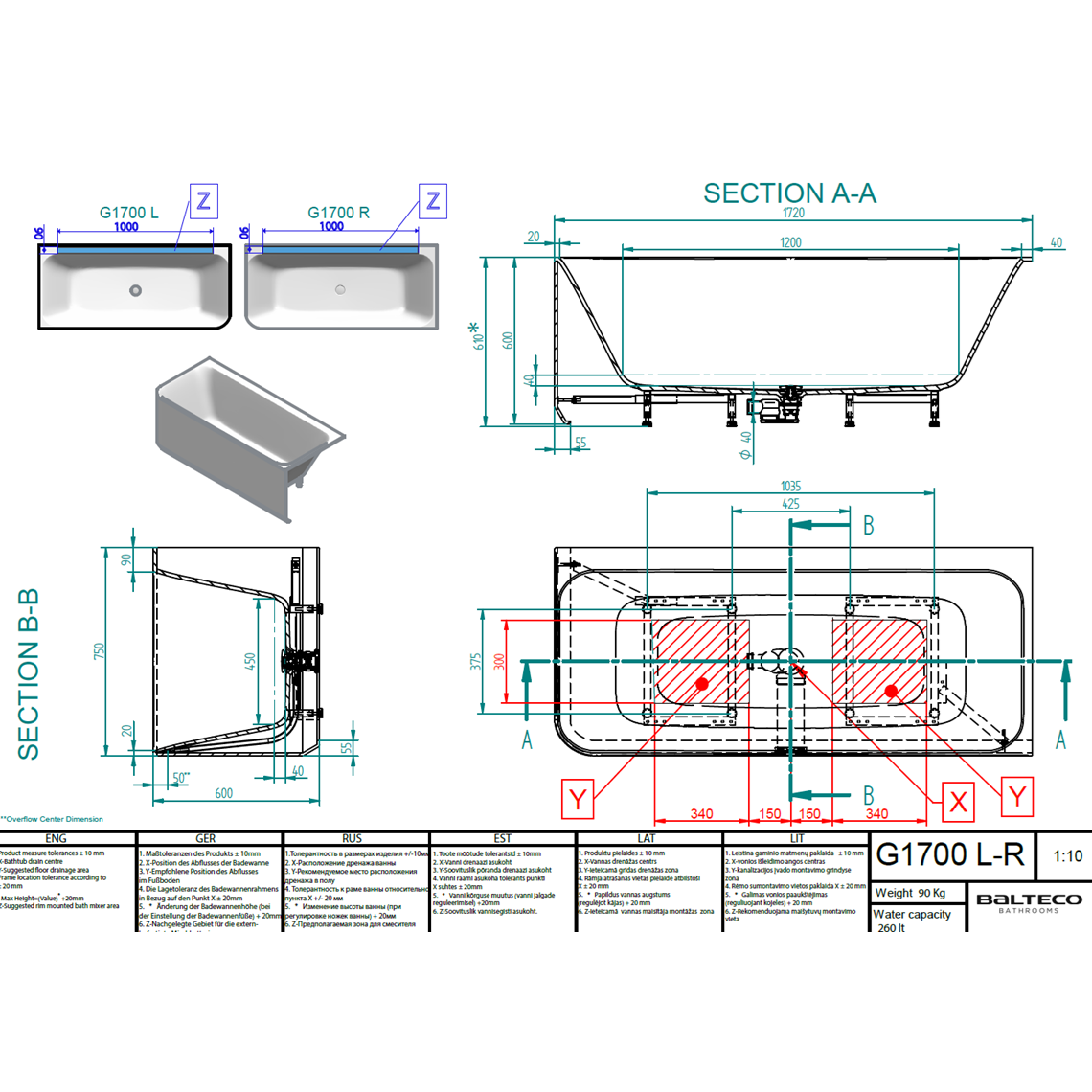 Balteco Cleo 170cm lieto akmens kampinė laisvai pastatoma vonia 4