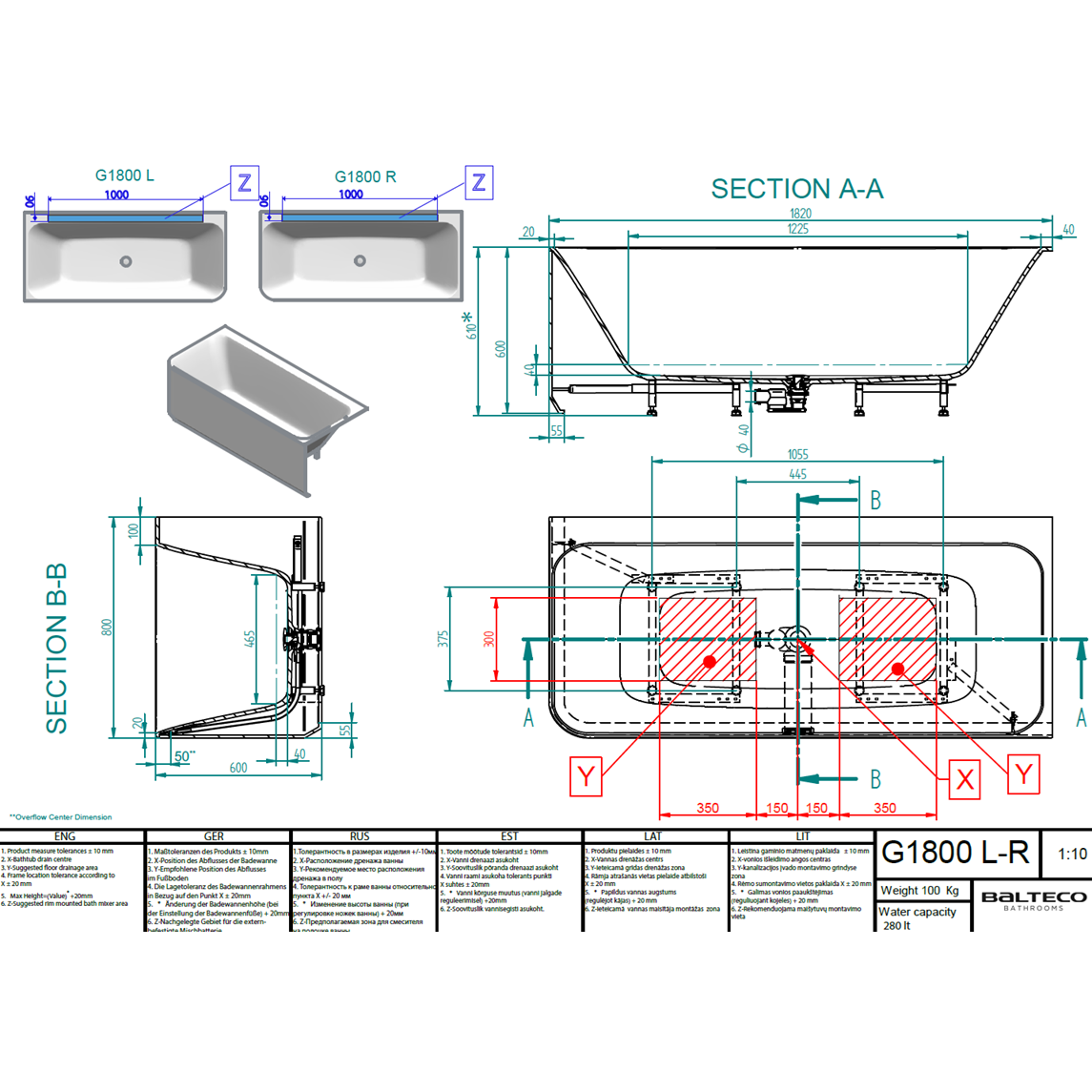 Balteco Cleo 180cm lieto akmens kampinė laisvai pastatoma vonia 4