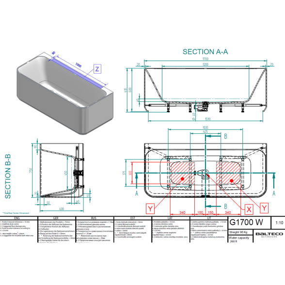 Balteco Cleo 170cm lieto akmens vonia prie sienos 4
