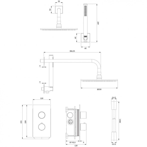 Braižyto aukso spalvos potinkinė termostatinė dušo sistema Omnires Contour SYSCT11GLB 1
