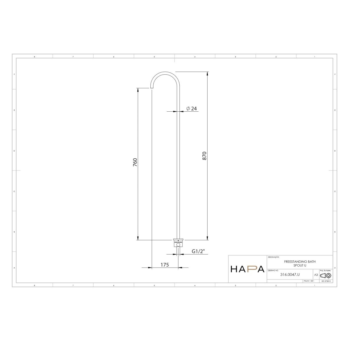 Hapa 316 Inox laisvai stovintis vonios snapelis U formos 2