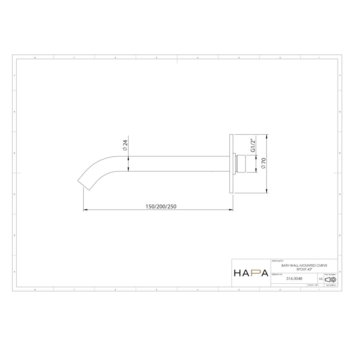 Hapa 316 Inox sieninis vonios snapelis 45° 2 Hapa 316 Inox sieninis vonios snapelis 45° 2