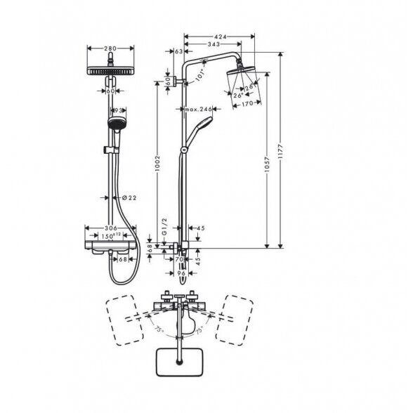 Hansgrohe Croma E Showerpipe EcoSmart 280 27660000 termostatinė dušo sistema 5 Hansgrohe Croma E Showerpipe EcoSmart 280 27660000 termostatinė dušo sistema 5