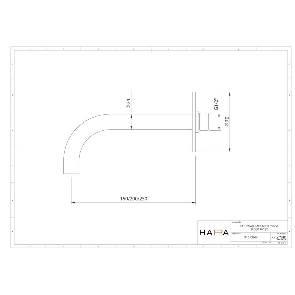 Hapa 316 Inox sieninis vonios snapelis 90° 2 Hapa 316 Inox sieninis vonios snapelis 90° 2
