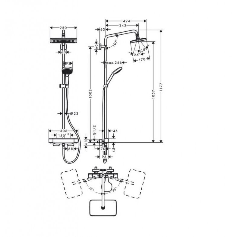 Hansgrohe Croma E Showerpipe EcoSmart 280 27660000 termostatinė dušo sistema 5