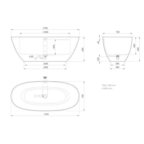 PAA Perla lieto akmens blizgi vonia 1750x760 mm 12