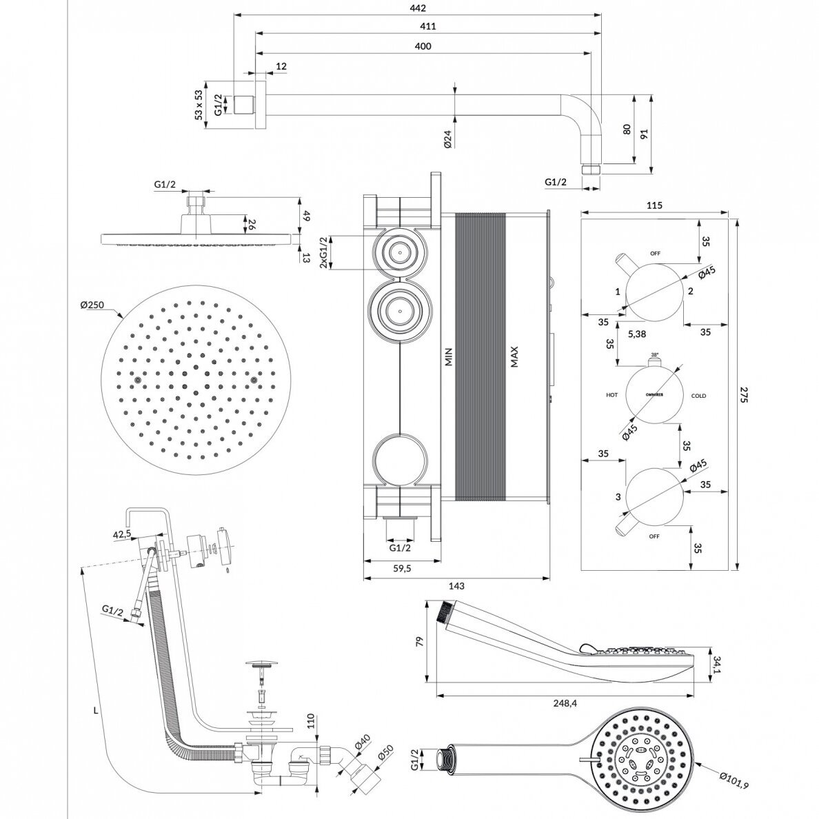 Potinkinė termostatinė sistema Omnires SYSYS01XCR Y 2 Potinkinė termostatinė sistema Omnires SYSYS01XCR Y 2