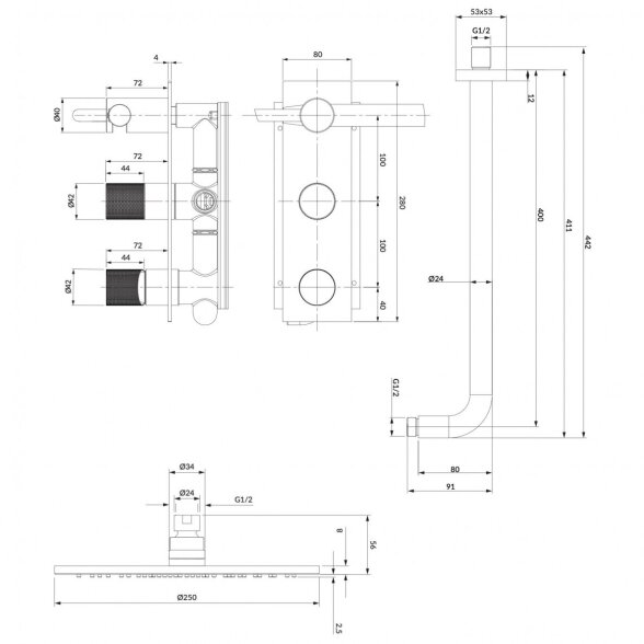 Potinkinė dušo sistema Omnires Contour SYSCT10CR 2 Potinkinė dušo sistema Omnires Contour SYSCT10CR 2