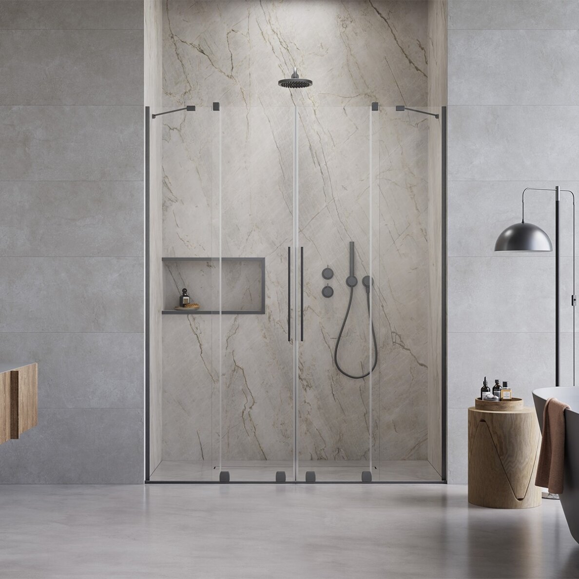 Radaway Furo DWD nišinės dvivėrės stumdomos durys, šlifuotas GunMetal Radaway Furo DWD nišinės dvivėrės stumdomos durys, šlifuotas GunMetal