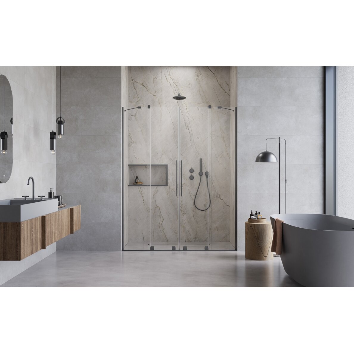 Radaway Furo DWD nišinės dvivėrės stumdomos durys, šlifuotas GunMetal 1 Radaway Furo DWD nišinės dvivėrės stumdomos durys, šlifuotas GunMetal 1