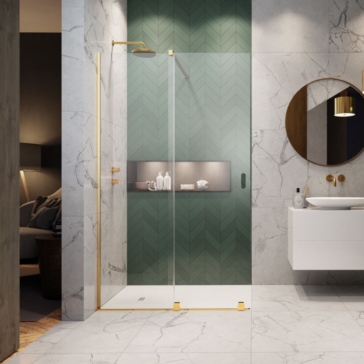 Radaway Furo Walk-in stabili dušo sienelė su stumdomomis durimis, blizgus auksas