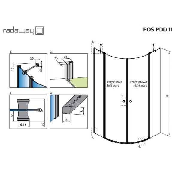 Radaway Eos PDD II pusapvalė dušo kabina su varstomomis durimis, chromas 16 Radaway Eos PDD II pusapvalė dušo kabina su varstomomis durimis, chromas 16