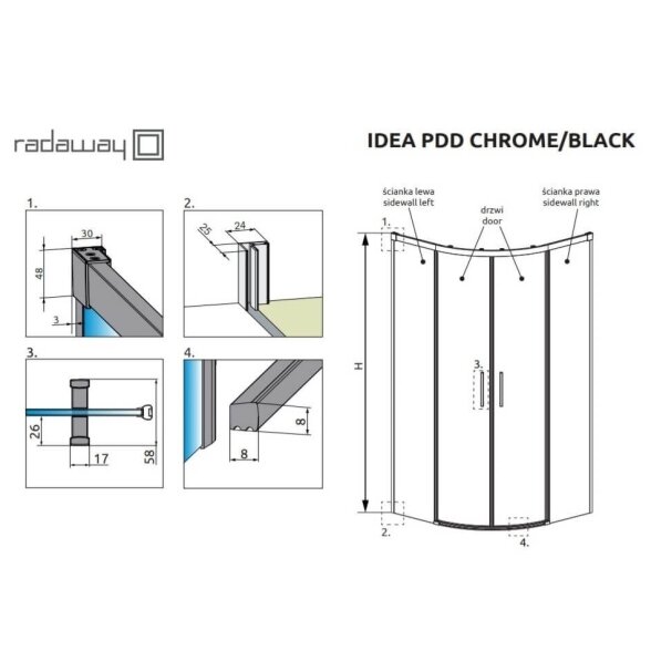Radaway Idea 6 PDD pusapvalė dušo kabina su dvejomis stumdomomis durimis, juoda matinė 10