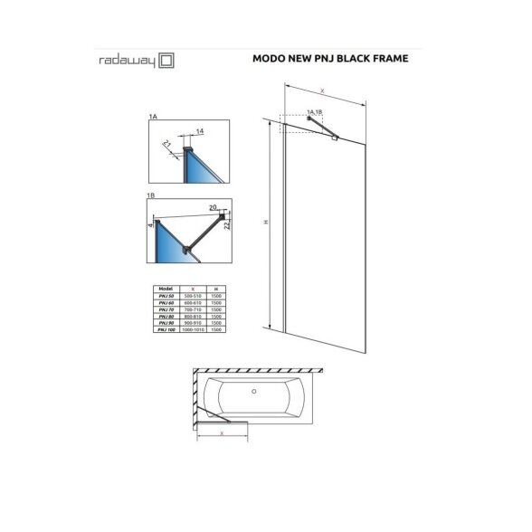 Radaway Modo New PNJ II Frame vonios sienelė, juoda matinė 5