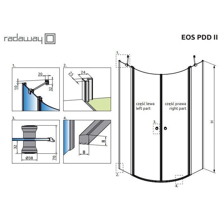 Radaway Eos PDD II pusapvalė dušo kabina su varstomomis durimis, chromas 16