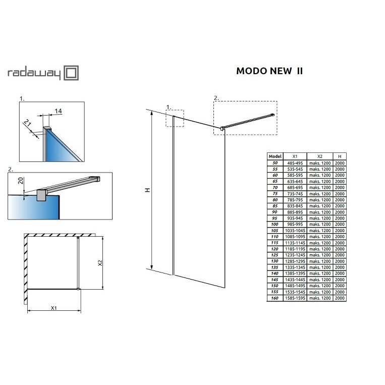 Radaway Modo New II stabili dušo sienelė (Walk-in), šlifuotas varis 5 Radaway Modo New II stabili dušo sienelė (Walk-in), šlifuotas varis 5