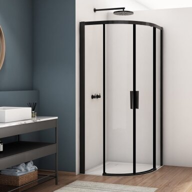 Ronal Bathroom Divera pusapvalė dušo kabina, juodas profilis, skaidrus stiklas, AQUAPERLE danga Ronal Bathroom Divera pusapvalė dušo kabina, juodas profilis, skaidrus stiklas, AQUAPERLE danga