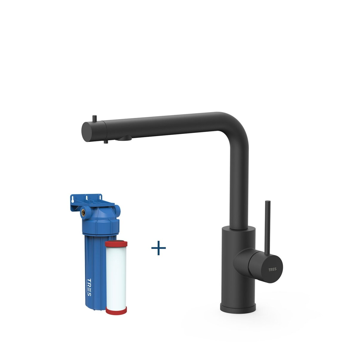 TRES virtuvinis maišytuvas su L formos snapu, filtruoto vandens rankenėle ir Seven+ filtru 1 TRES virtuvinis maišytuvas su L formos snapu, filtruoto vandens rankenėle ir Seven+ filtru 1